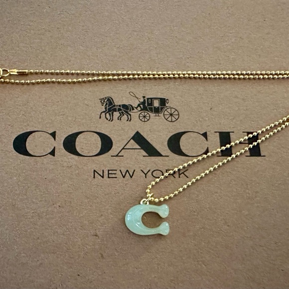 Coach Translucent Jade Green “C” Pendant 18k/.925 Necklace - Picture 2 of 9